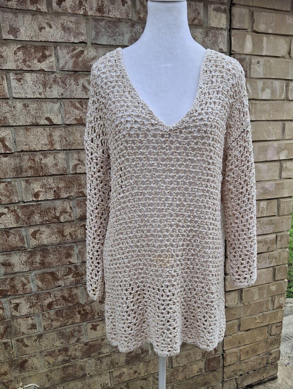 Lou & Grey Crochet Long Sleeve Open Knit Beige Tunic Cover-Up   Women Size Small - Picture 7 of 16
